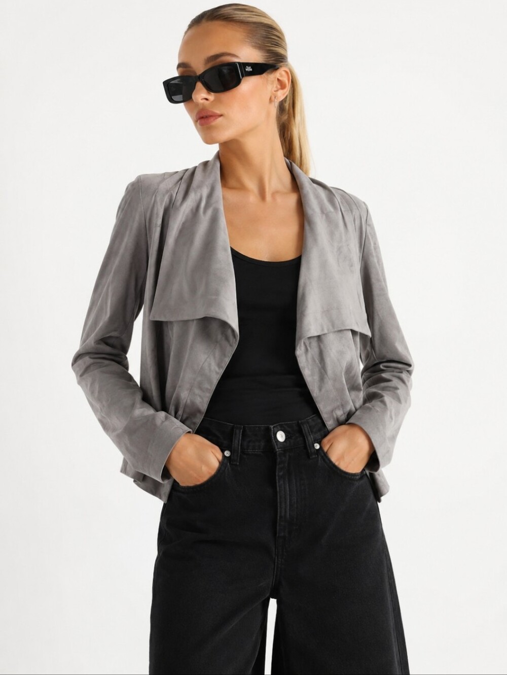 New Gray Faux Suede Blazer Open Cascade Soft Hot Girl Office Siren NWT Sz M